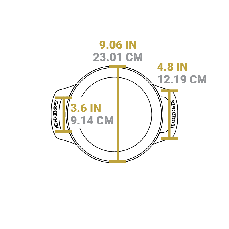 Dimensional drawing of product. Total diameter is 9.06 inches, total width of handle is 4.8 inches, and width of handle opening is 3.6 inches.