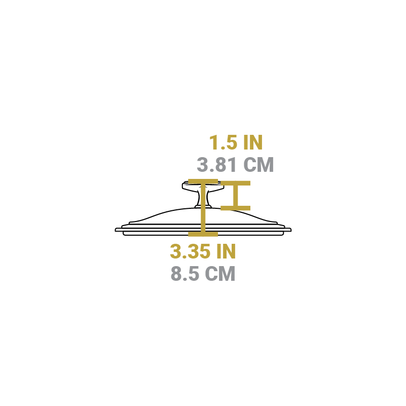 Dimensional drawing of product lid. Total height is 3.35 inches, height of knob is 1.5 inches.