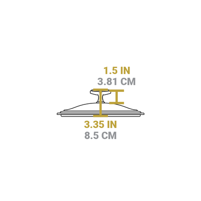 Dimensional drawing of product lid. Total height is 3.35 inches, height of knob is 1.5 inches.
