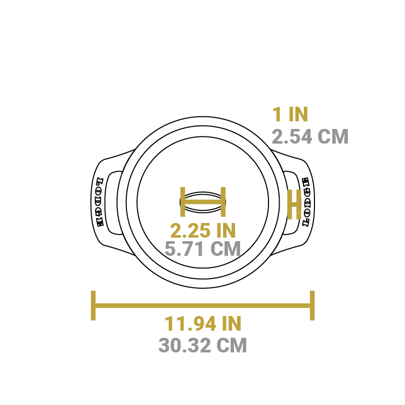 Dimensional drawing of product. Total width is 11.94 inches, width of lid knob is 2.25 inches. and depth of handle opening is 1 inch.