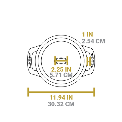 Dimensional drawing of product. Total width is 11.94 inches, width of lid knob is 2.25 inches. and depth of handle opening is 1 inch.