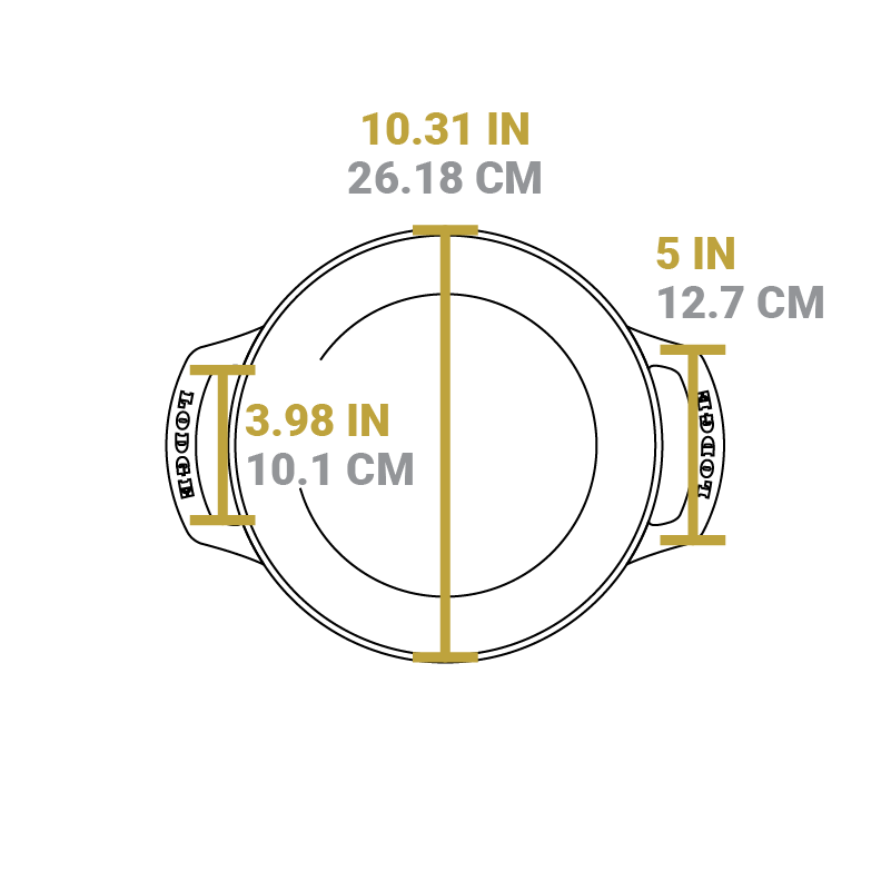 Dimensional drawing of product. Diameter is 10.31 inches, width of handle is 5 inches, and width of handle opening is 3.98 inches.