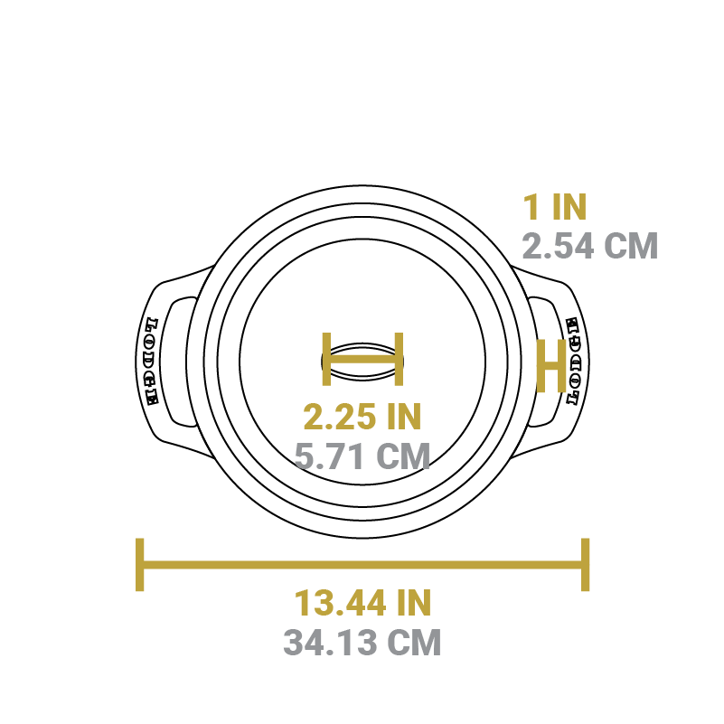 Dimensional drawing of product. Total width is 13.44 inches, width of knob is 2.25 inches, and length of handle opening is 1 inch.