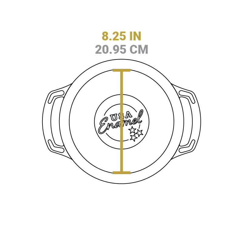 Dimensional drawing of product. Diameter of flat bottom is 8.25 inches.
