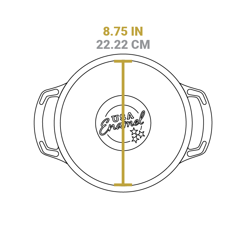 Dimensional drawing of product. Flat bottom diameter is 8.75 inches.