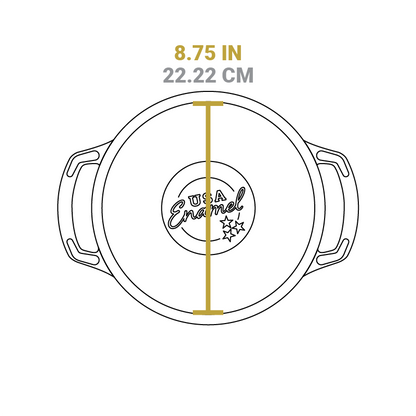 Dimensional drawing of product. Flat bottom diameter is 8.75 inches.