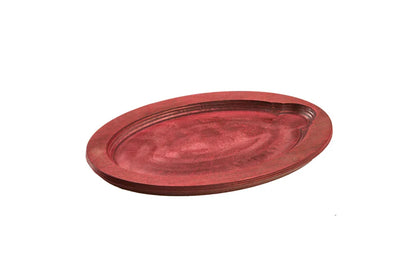 Red colored wood underliner with indent to place serving dish.