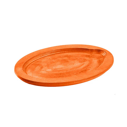 Orange colored wood underliner with indent to place serving dish.