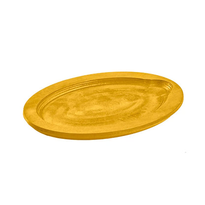 Yellow colored wood underliner with indent to place serving dish.