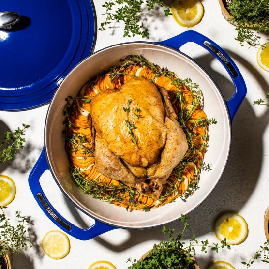 Chicken dish prepared in dutch oven.