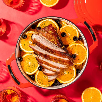 Our old fashioned infused pork belly recipe prepared in dutch oven.