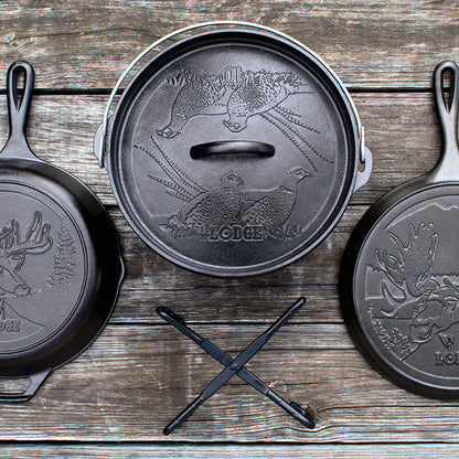 Cookware on wooden table.